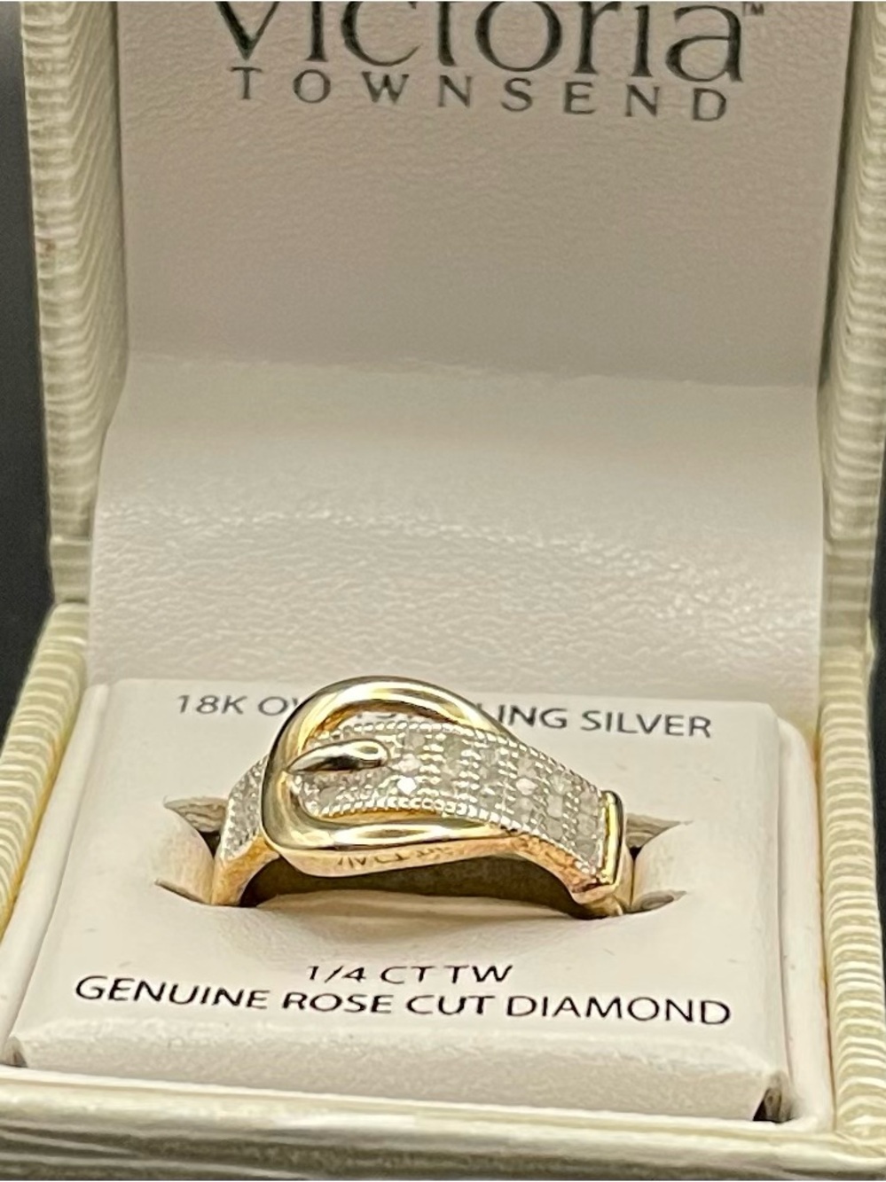 NWT Victoria Townsend 18k gold over .925 SS diamond buckle ring size 8 - Picture 6 of 6